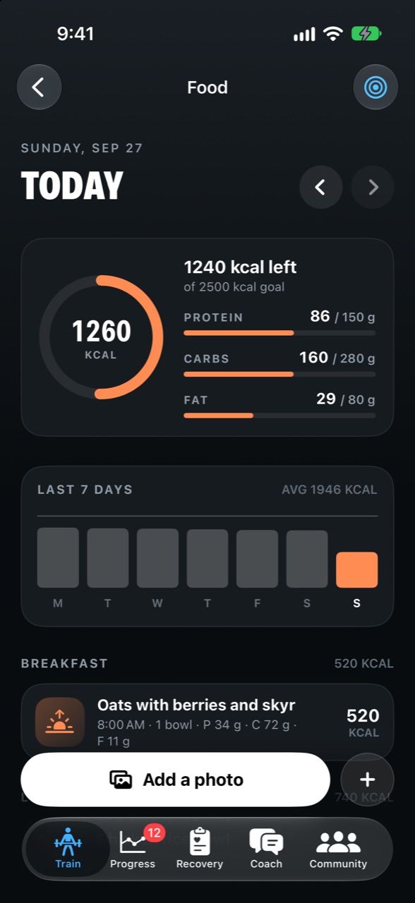 The food log: 1,260 of 2,500 kcal today, protein, carbs and fat against their goals, the last seven days and breakfast