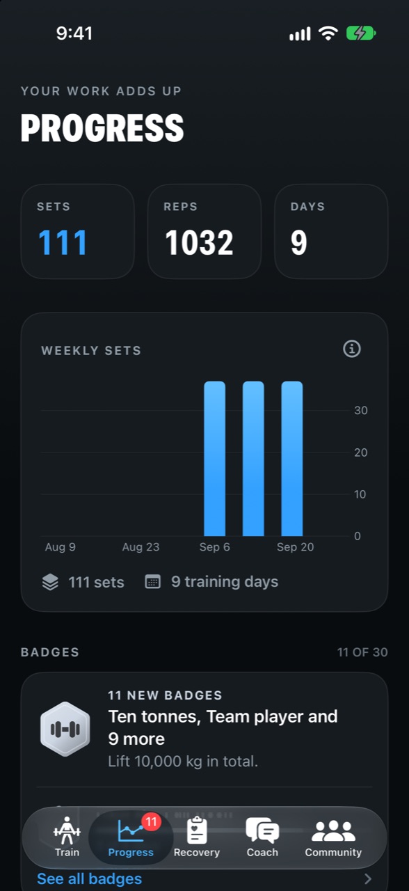 Progress: 111 sets, 1,032 reps and 9 training days, weekly sets and new badges