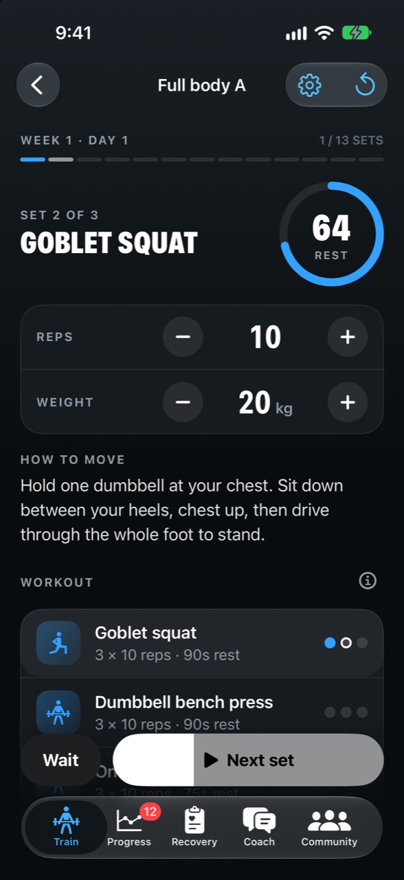 Resting between sets: a 64-second countdown, set 2 of 3 of the goblet squat at 10 reps and 20 kg, and the Next set button filling up